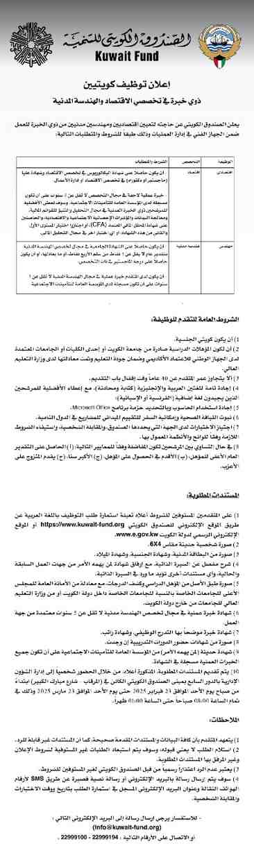 Job opportunity available for Kuwaitis: Kuwait fund